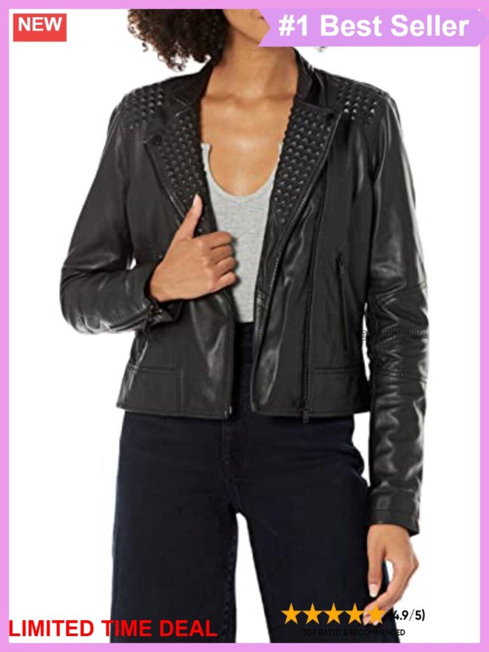 Embossed Studs Leather Moto Jacket Fitted Aviator Cold Weather